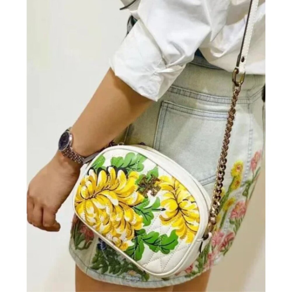 Tory Burch Kira Chevron Camera Bag Quilted Yellow White Floral Chain Crossbody